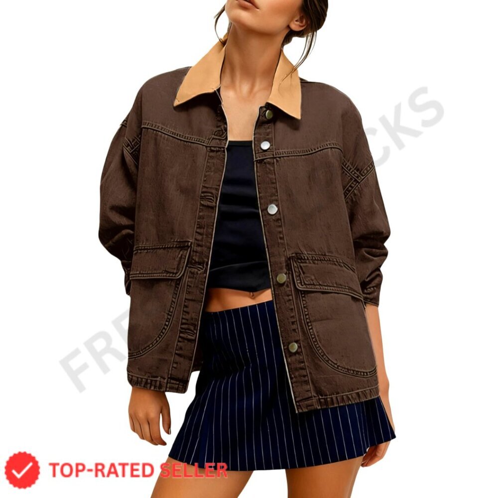 Oversized Denim Barn Jacket Retro Y2K Chic Button Down Big Pockets Layering
